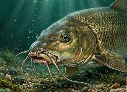 Mrena (Barbus barbus) na šljunkovitom dnu brze rijeke